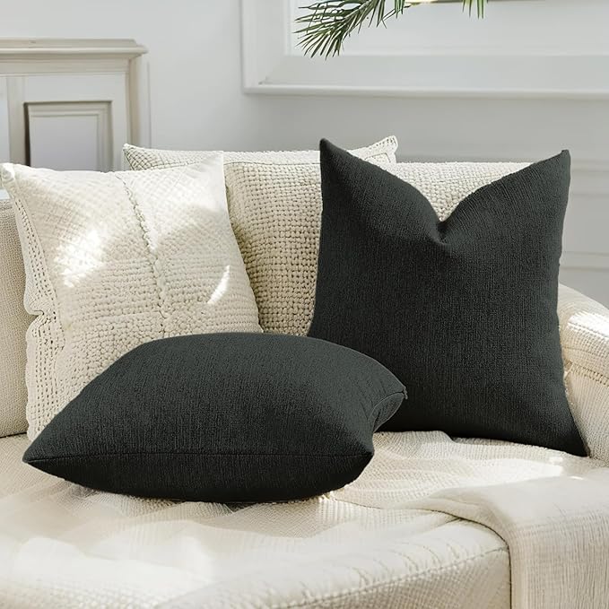 HAUSSY Black Throw Pillow Covers 18x18 Inch Set of 2,Boho Decorative Faux Linen Throw Pillows Cozy Farmhouse Accent Cushion Covers,Home Decor for Couch Sofa Bed Living Room
