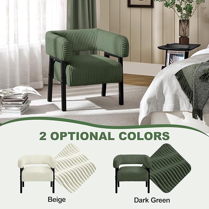 Yaheetech Corduroy Barrel Accent Chair, Modern Upholstered Armchair with Solid Wood Legs, Cozy Leisure Chair with Pocket Coiled Seat for Living Room, Bedroom, Reading Nook Dark Green