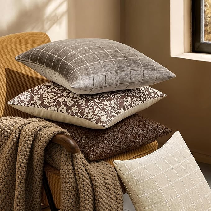 MIULEE Decorative Chenille Check Throw Pillow Covers Vintage Plaid Couch Pillows 20x20 Inch Set of 2 Neutral Boho Farmhouse Cushion Covers Modern Spring Home Decor for Sofa Bed Living Room Taupe Grey