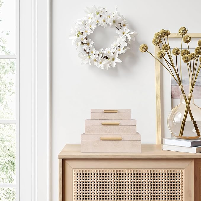 Hanna Roberts Ivory Shagreen Decorative Boxes Set of 3 Faux Leather Jewelry Boxes With Gold Metal Handles For Home Decor Womens Mens Jewelry Organizer