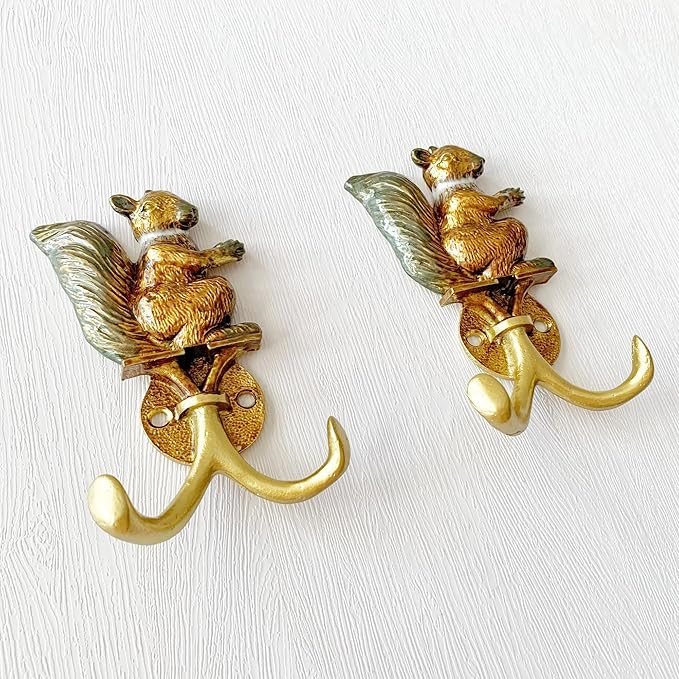 Vintage Squirrel Shaped Decorative Wall Hooks Rack Hangers for Hanging Clothes Coats Towels Keys Hats, 2 Pack Antique Metal Mounted Wall Hook