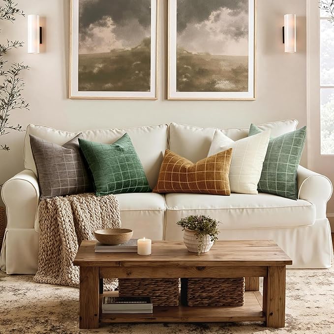 MIULEE Decorative Chenille Check Throw Pillow Covers Vintage Plaid Couch Pillows 20x20 Inch Set of 2 Neutral Boho Cushion Covers Modern Spring Home Decor for Sofa Bed Living Room Moss Green