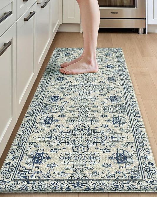 DEXI Kitchen Mats for Floor Cushioned, 23x59 Extra Large Wide Runner Rug Non Slip, Waterproof Soft Comfort Standing Padded Anti Fatigue Decorative, Blue White