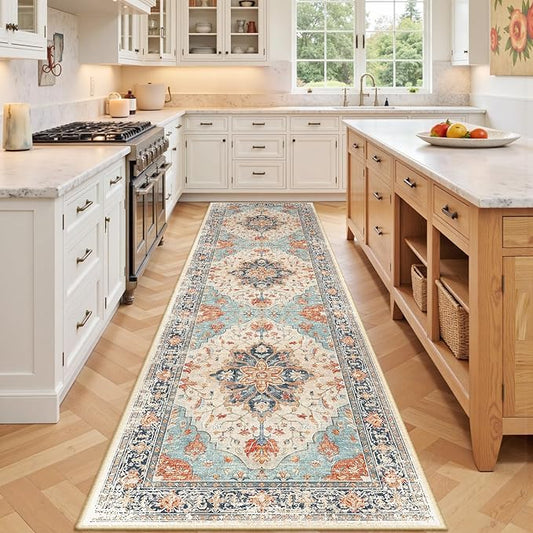 RELEANY Area Rugs 3'x9' Washable Non-Slip, Floral Vintage Distress Print Pattern Medallion Carpet for Living Room Bedroom Dining Room, Beige Navy Blue Orange Colorful