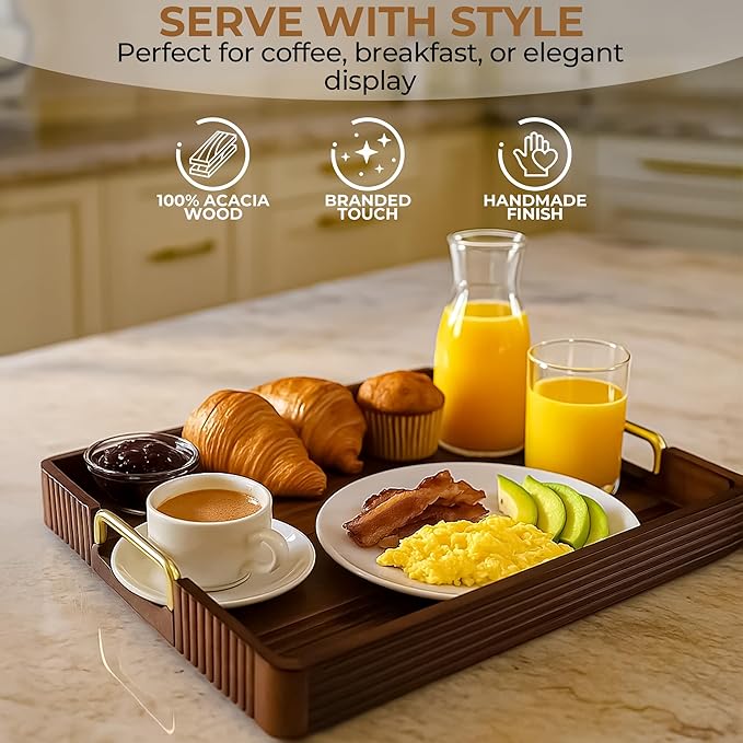 Acacia Wood Serving Tray with Metal Handles  – 17x13in Rustic Decorative Ottoman & Coffee Table Tray for Breakfast in Bed, Dinner, Bar, Kitchen, Home Décor & Entertaining