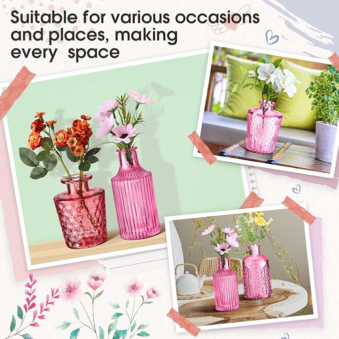 Yaomiao 30 Pcs Vases Bulk Colored Flower Glass Bud Vases Valentine Vintage Colored Glass Bottles Colorful Rustic Embossed for Home Wedding Table Decorations Gifts(Pink Series)