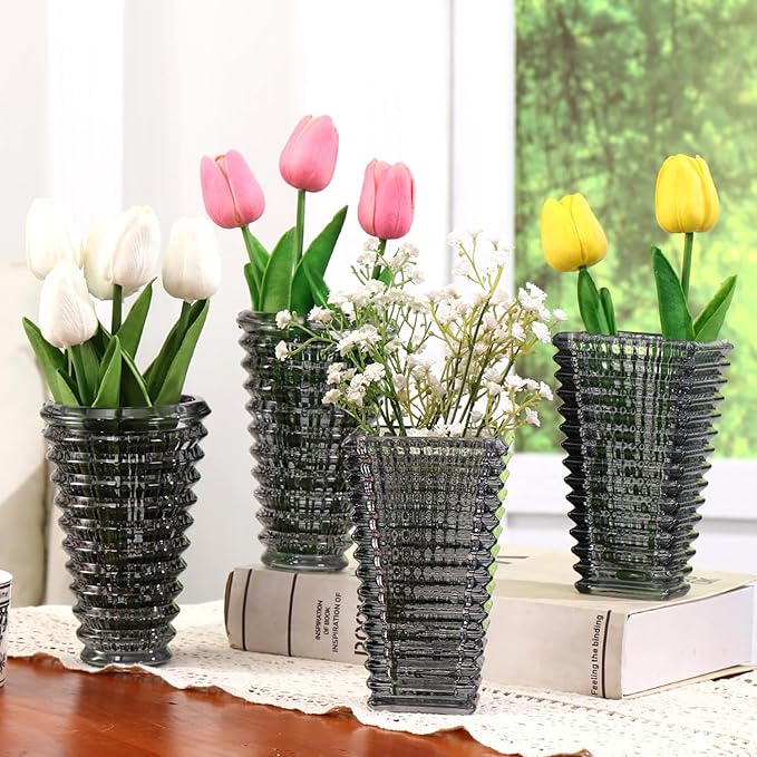 MCMCNCUIU Crystal Flower Vase Set of 4, Glass Vases for Centerpieces, Black Vases for Flowers, Small Vase for Living Room, Bedroom, Kitchen, Office, Wedding