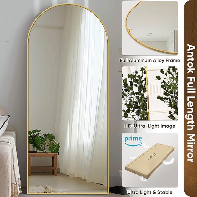 Antok Full Length Mirror, 58"x18" Floor Mirror with Stand, Hanging Mounted Mirrors for Bedroom, Living Room, Cloakroom, Dining Room, Gold, Arched