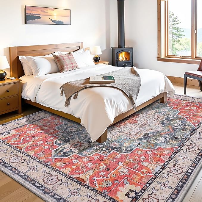 Vanmoos 5x7 Area Rugs for Living Room, Bedroom - Machine Washable, Non-Slip Bedside Rug, Large Soft Floor Carpet for Office, Dining Room, Farmhouse and Home Decor, Artistic Flair/Brick Red