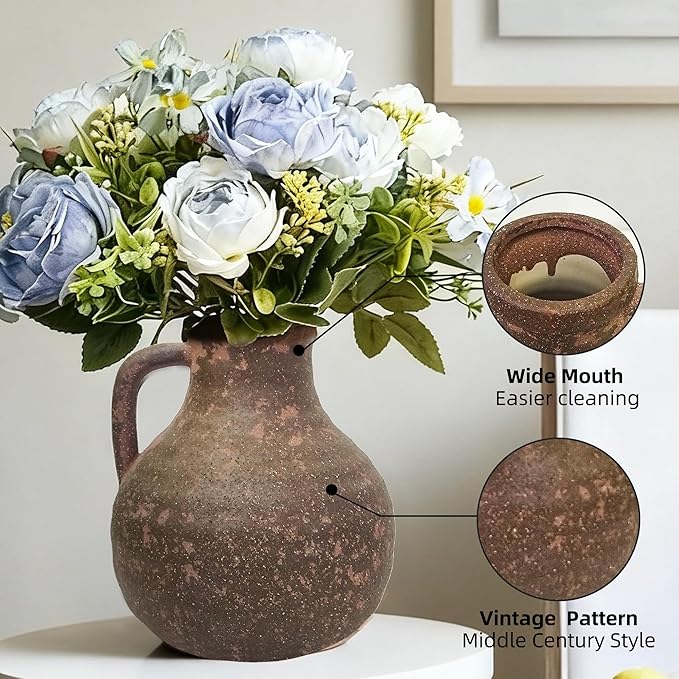 Ceramic Flower Rustic Vase, 7 inch Farmhouse Rusty Vases for Home Decor Handcrafted Pottery Vase Small Terracotta Vases for Dining Table Decor Fireplace Living Room Bathroom Wedding Centerpiece