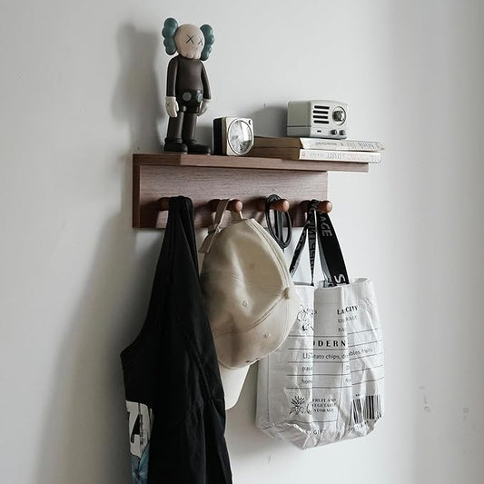 Entrance Coat Rack ，Coat Hooks, Wall-Mounted Wooden Hook Rack, Wall-Mounted Shelves are Very Suitable (Teak Colored Finish—A-1)
