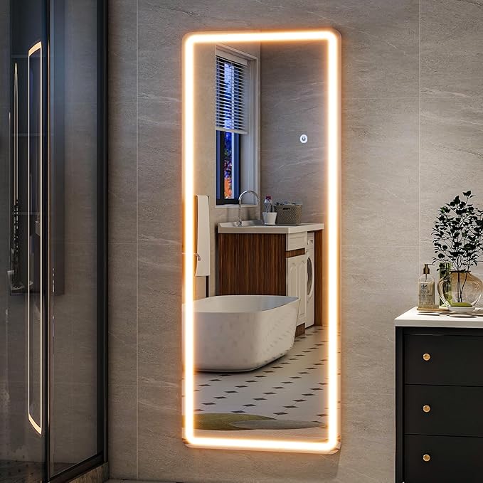 HARRITPURE LED Full Length Mirror - 60" x 16" LED Full Body Mirrors with Stand, Floor Standing Mirror with Lights for Bedroom/Cloakroom -Dimmable & 3 Color Lighting/Wall Mounted