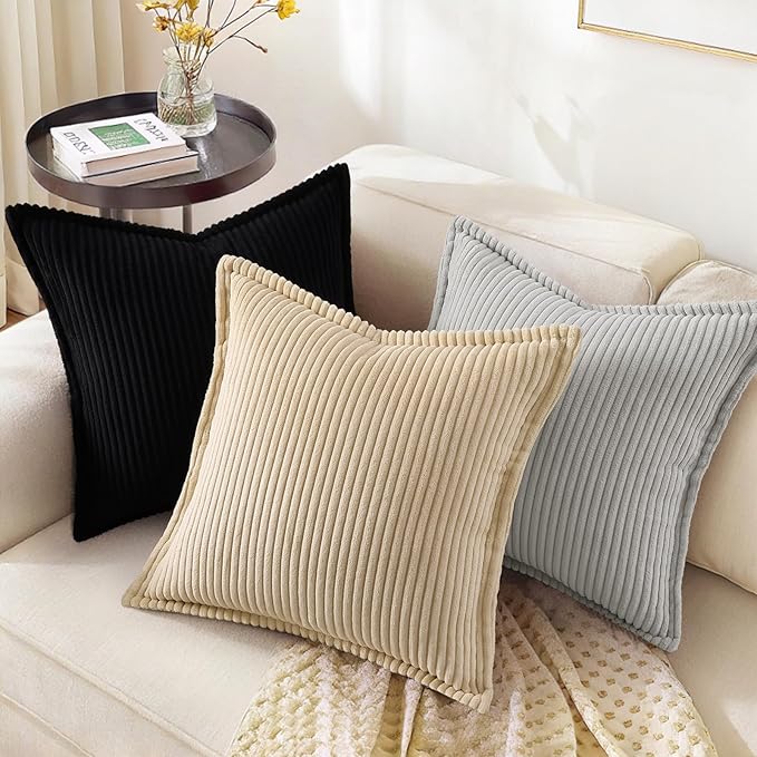 decorUhome Spring Corduroy Black Throw Pillow Covers 20x20 Set of 2 Decorative Soft Boho Farmhouse Couch Pillow Covers for Living Room Bed Sofa Broadside Striped Pillow Cases