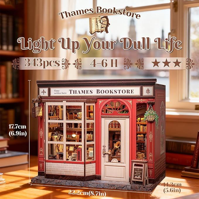 CUTEFUN DIY Book Nook Kit, 3D Puzzle Creative British Library Bookend Bookshelf Decor for Adults Teens, Magic Bookshop Miniature Kit with LED & Dust Cover, Gifts for Book Lovers (Thames Bookstore)