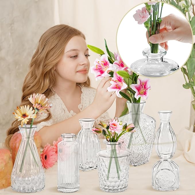 Bud Vases,IJRPLM Set of 10 Glass Bud Vases in Bulk,Small Vases for Centerpieces,Clear Vases Bulk Mini Vases for Flowers,Vintage Bud Vases for Home Table Flower Décor Rustic Wedding Decorations