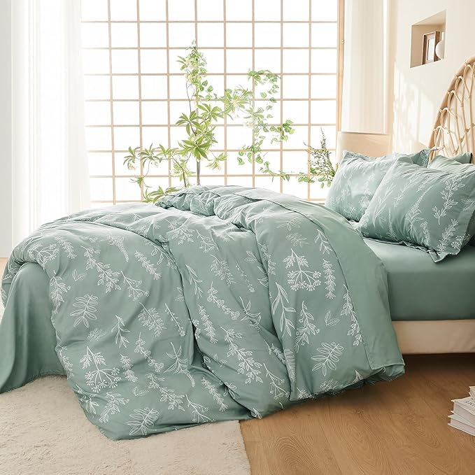MUXHOMO Duvet Cover Full Size, Reversible Floral Green Duvet Cover Set with Zipper Closure, 3 Pieces Botanical Patterns Soft Microfiber Bedding Set with 4 Ties (80"x90", 2 Pillow Cases)