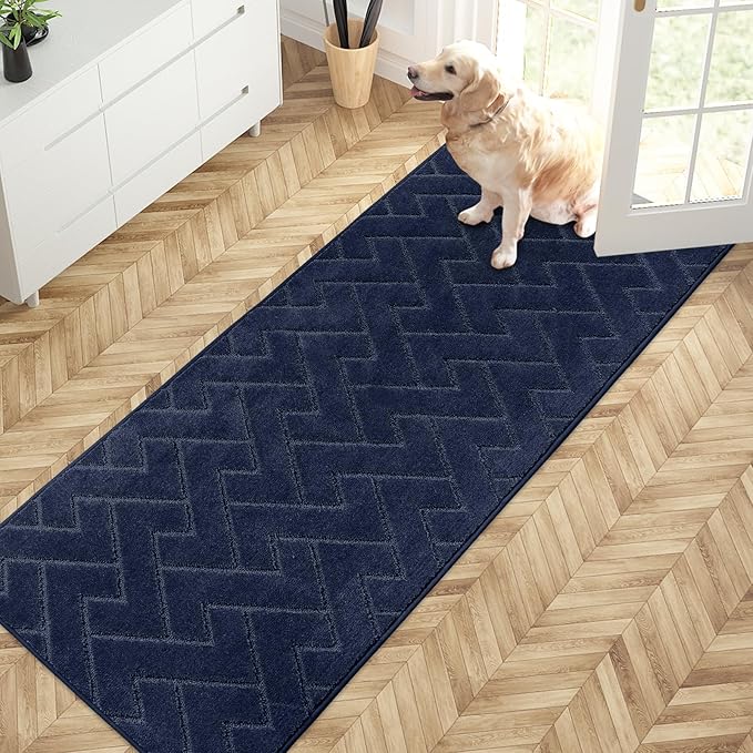 PURRUGS Dirt Trapping Door Mat 32" x 70", Non-Slip Machine Washable Entry Rug, Dog Doormat, Indoor Front Door Mat, Super Absorbent Entryway Rug for Muddy Shoes & Paws, Navy Blue