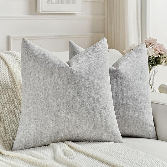 FUTEI Light Grey Chenille Decorative Throw Pillow Covers 20x20 Inch Set of 2,Soft Cozy Faux Linen Textured Cushion Case,Farmhouse Home Decor for Couch Living Room