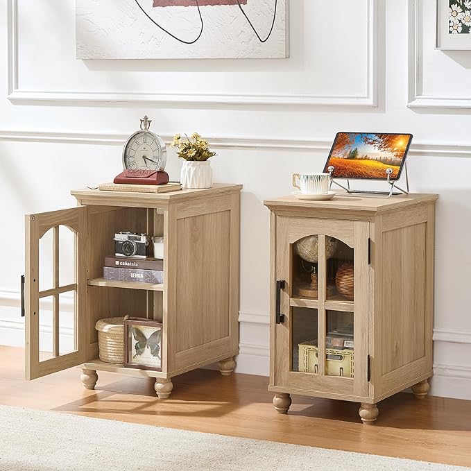 Narrow Side Table,Farmhouse Nightstand with Charging Station,Wood End Table with Glass Barn Door Storage, Cabinet Organizer with Adjustable Shelf, Night Stand for Small Spaces for Living Room Bedroom