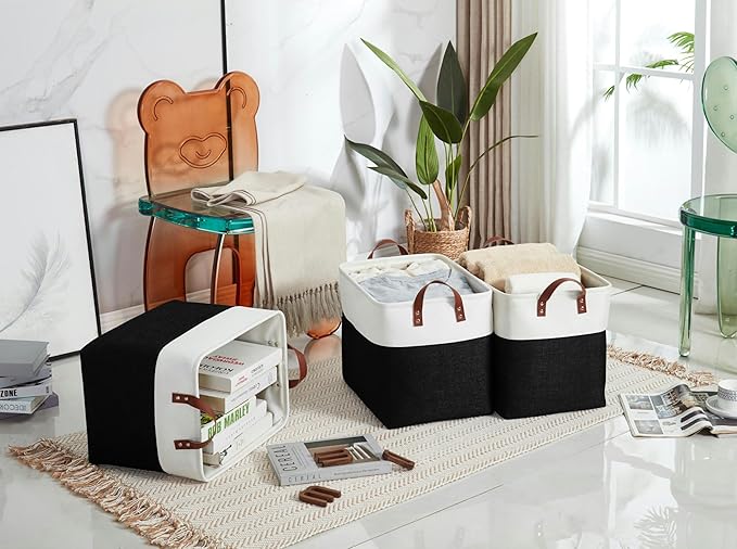 DECOMOMO Large Fabric Storage Baskets - Linen Closet Storage Bins with Handles for Laundry, Clothes, Home, Office (Black & White, XXL - 3 Pack)