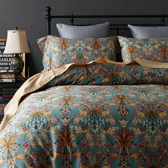 Vintage Style Boho Floral Duvet Cover Queen Percale Cotton Comforter Cover Medallion Paisley Print Bedding Set Vibrant Bohemian Flower Comforter Cover Boho Farmhouse Duvet Quilt Cover with Zipper Ties