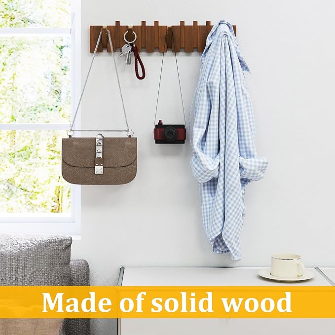 Wood Wall Mounted Coat Rack with 10 Flip Down Hooks, Heavy Duty Piano Style Wall Hook Rack, Decorative Coat Hooks Wall Mount for Entryway, Living Room, Bedroom, Bathroom, Kitchen