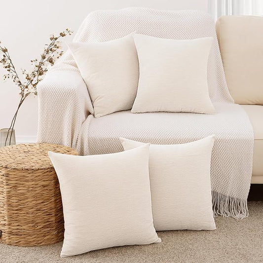 Set of 4 Cream White Throw Pillow Covers 24x24 Inch, Neutral Boho Farmhouse Aesthetic Decorative Pillow Cases for Couch, Sofa, Living Room & Bed, Chenille Pillow Cases, Stylish Home Decor, 60x60 cm