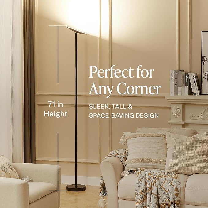 Slothology Skylight LED Floor Lamp, 3200LM, 71" Modern Torchiere in Zen Black, Stepless Dimming, Remote & Touch Control, Bright Light for Living Room or Bedroom, Weighted Base