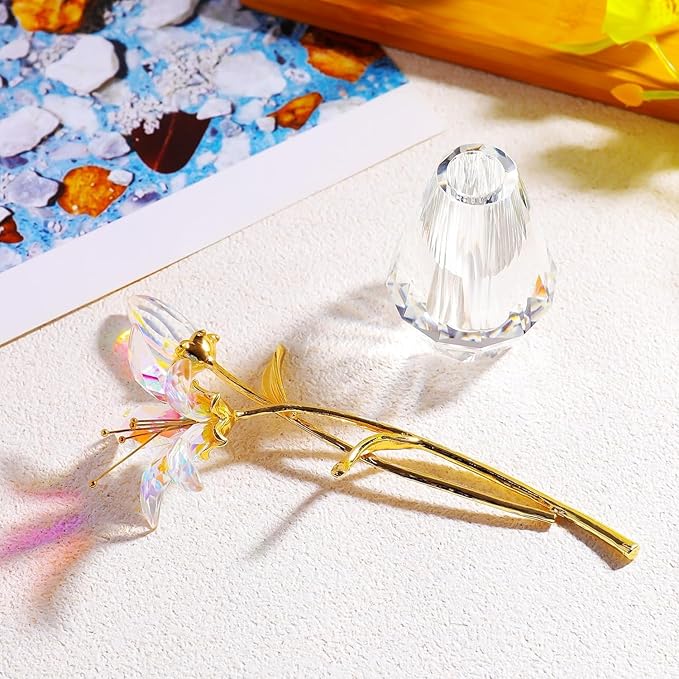 Movdyka Clear Crystal Lily Flower Figurine with Stems - Handmade Collectible Statue for Decoration Mothers Day Centerpiece Valentines Day Bridal Shower Gift