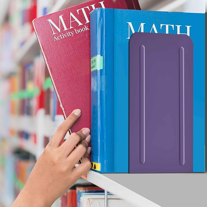 Acrimet Metal Bookends, Jumbo Size 9" H x 4" W x 4-1/2" D, Non-Skid Book Stand for Shelves, Heavy Duty Book Stopper, Purple, 1 Pair