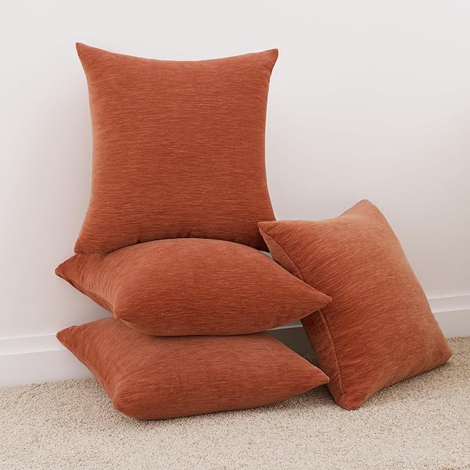 Set of 4 Rust Red Throw Pillow Covers 18x18 Inch, Neutral Boho Farmhouse Aesthetic Decorative Pillow Cases for Couch, Sofa, Living Room & Bed, Soft Chenille Pillow Cases, Stylish Home Decor, 45x45 cm