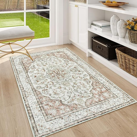 Lahome Oriental Throw Rug,3x5 Kitchen Rugs Non-Slip Washable,Ultra-Thin Boho Entryway Rug Indoor Entrance,Traditional Vintage Bathroom Rugs and Mats Soft for Bedroom Living Room,(3x5ft,Terracotta)