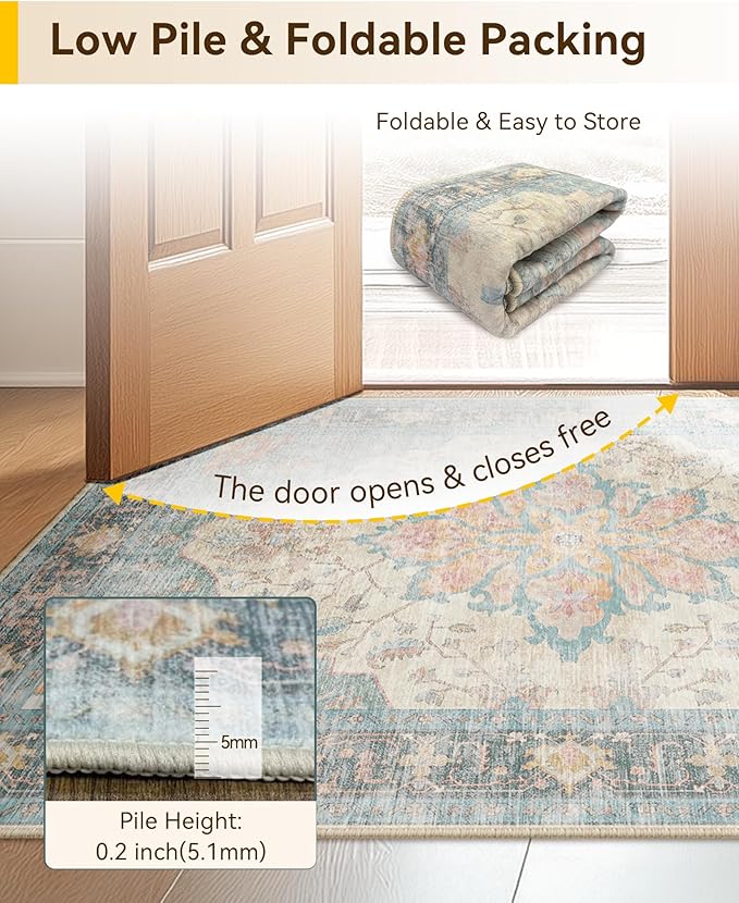 RELEANY Area Rugs Round 6ft Washable Non-Slip, Floral Vintage Distress Print Pattern Medallion Carpet for Living Room Bedroom Dining Room, Blue Orange Red