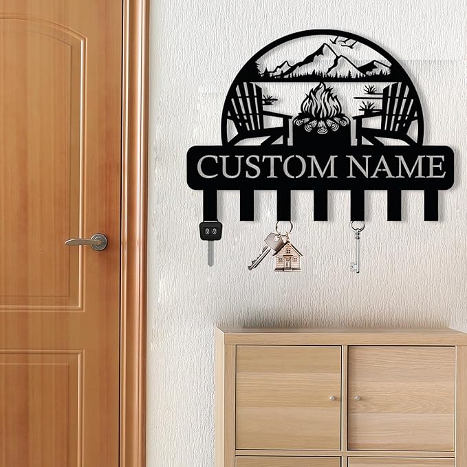 Personalized Campfire Design Metal Key Holder for Wall, Metal Wall Mount Custom Name Hooks, Cabin Key Hooks, Camp Area Key Hanger Decor, Key Rack for Farmhouse, Key Organizer for Living Room, Entryway