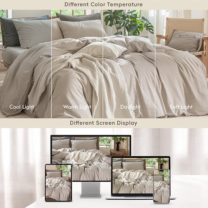 MooMee Bedding Duvet Cover Set 100% Washed Cotton Linen Like Textured Breathable Durable Soft Comfy (Solid Light Tan, Cal King 104"x98")
