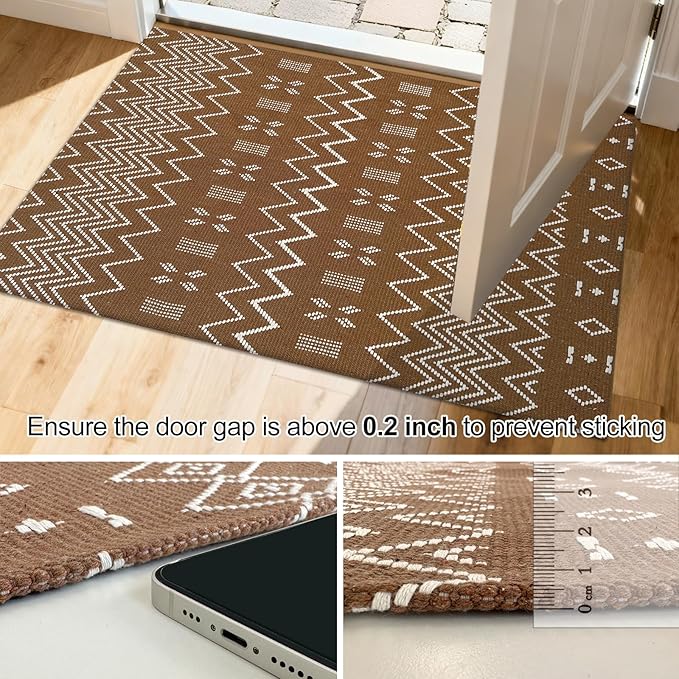 winolive Indoor Door Mat 2x3 Washable Rug,Braided Area Rug,Front Door Mat with Non Slip Rubber Backed,Cotton Doormat for Front Entryway Bathroom Kitchen Bedroom,Brown/White