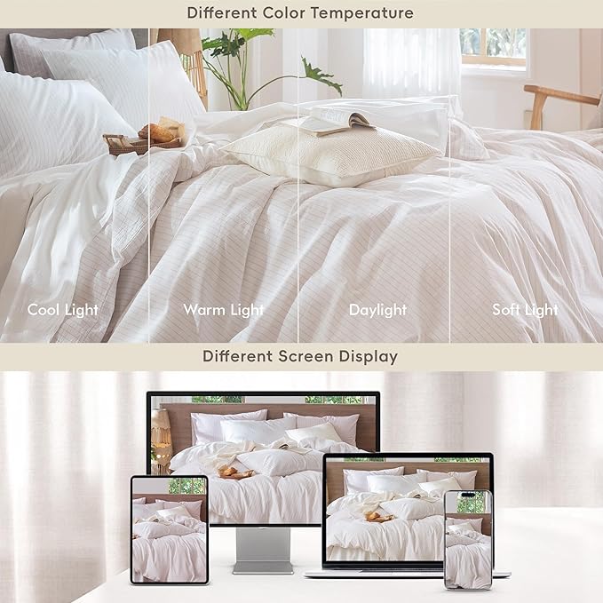 MooMee Striped Duvet Cover Set 100% Washed Cotton Linen Like Textured Breathable Durable Soft Comfy (White Heathered Greyish Pink Wide Stripes, Cal King 104"x98")