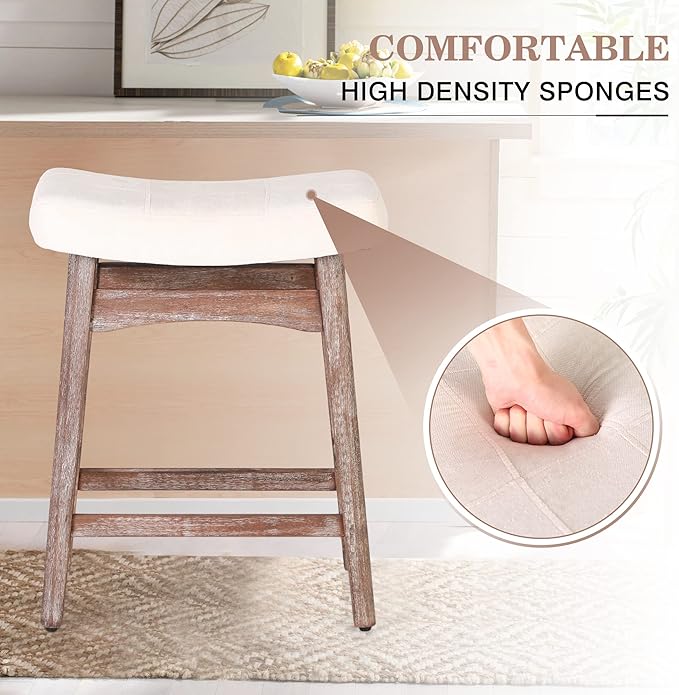 Sophia & William Counter Height Bar Stools, 24" Counter Stools with Solid Wood Legs, Comfy Linen Fabric Upholstered Counter Height Stools,Creamy White,1PC