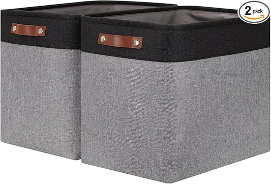 HNZIGE Fabric Storage Baskets Large Cloth Baskets Set of 2, Rectangular Shelf Baskets with Handles for storage, Foldable Tall Baskets for Organizing Linen Closet Organizers(Gray Black)