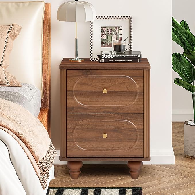 2 Drawer Fluted Nightstand, Mid Century Modern Farmhouse Night Stand Small End Table Bedside Table for Bedroom, Living Room, Walnut
