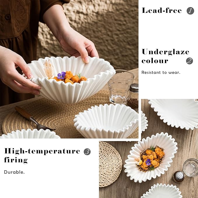 Ceramic Decorative Bowl,White Modern Bowls for Home Decor,Decorative Fruit Bowl for Kitchen Counter,Ruffle Decorative Key Bowl for Entry Table