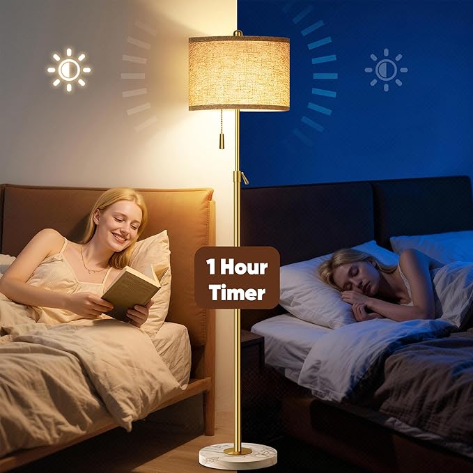 FUNNYBEHOM Modern Gold Floor Lamp for Living Room, Floor Lamp with Remote Control, Adjustable Height Standing Lamp with Marble Base & Linen Shade, Dimmable Tall Floor Light for Bedroom, Reading