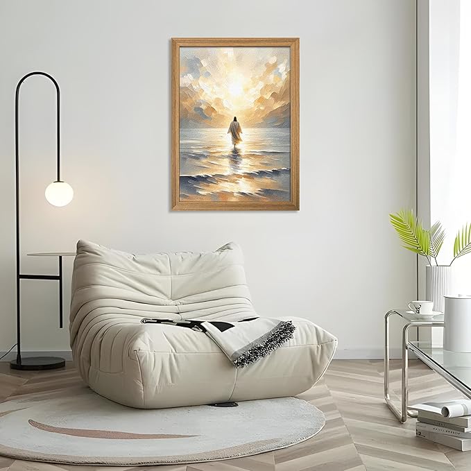 Framed 3D Textured Jesus Walking on Water Wall Art, Christian Bible Stories Wall Decor Paintings, Jesus Walks on Water on Water Back Posters Prints Pictures for Church Living Room Bedroom 16x24 Inch