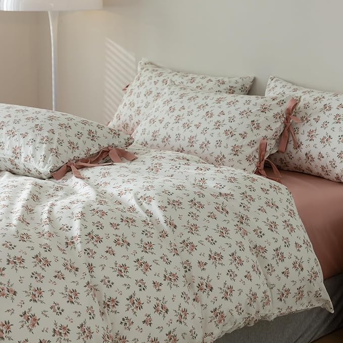 Pink Flower Duvet Cover Set Twin Soft Cotton Peach Floral Comforter Cover Girls Cottagecore Bedding Set Boho Floral Duvet Cover Vintage Country Bedding Flower Botanical Duvet Cover with Zipper Closure
