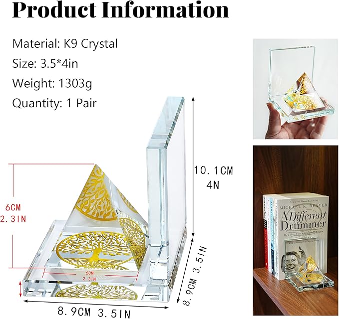 1 Pair Modern Crystal Bookends for Shelves,Tree of Life Crystal Pyramid Design,Non-Skid Book Holder,Heavy Duty Decorative Book Stopper,3.5 * 3.5 * 4''