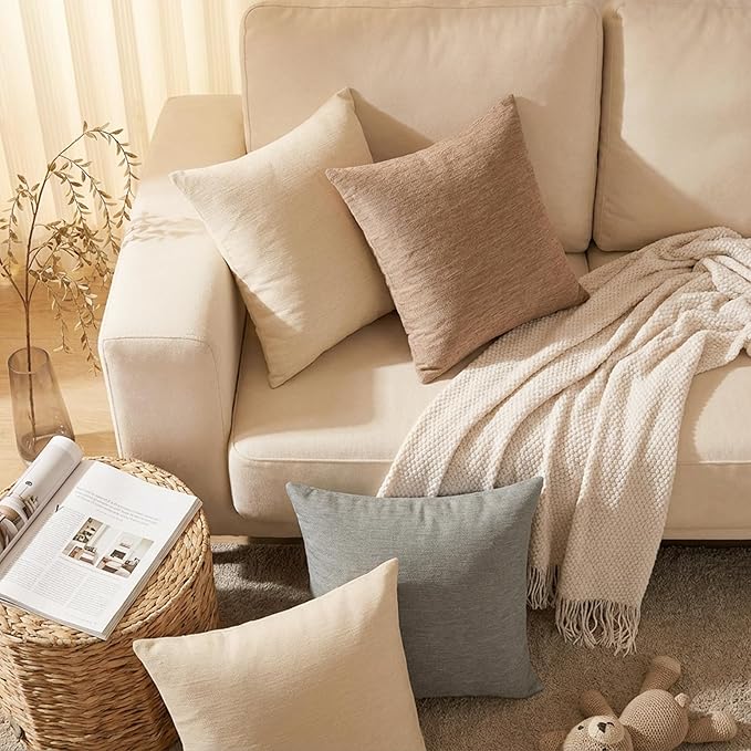 Set of 4 Neutral Throw Pillow Covers 16x16 Inch, Neutral Boho Farmhouse Aesthetic Decorative Pillow Cases for Couch, Sofa, Living Room & Bed, Soft Chenille Pillow Cases, Stylish Home Decor, 40x40 cm
