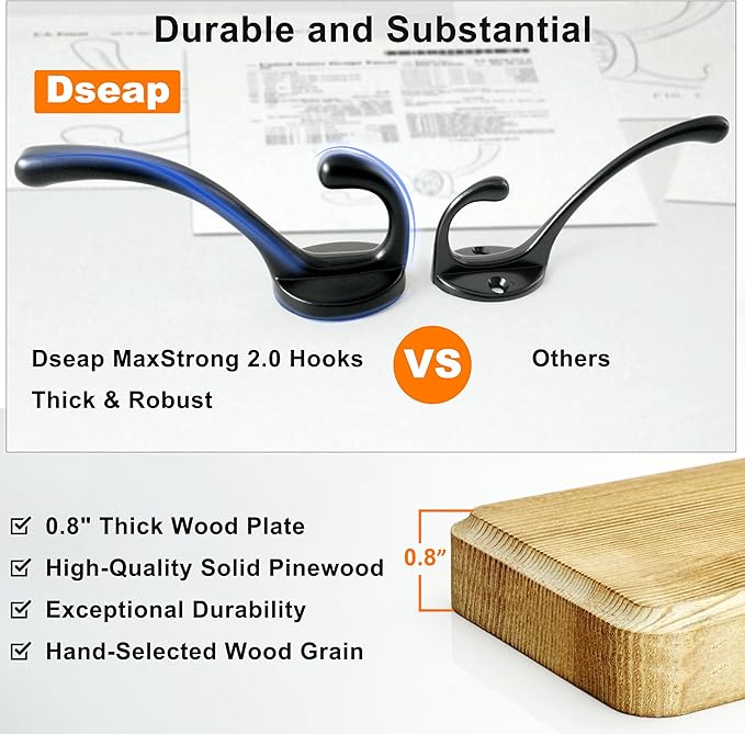 Dseap Coat Rack Wall: 24" Long, Patented, Heavy-Duty, 6-Double-Hooks Wooden Wall Mounted Coat Rack Coat Hanger Hook Rail for Winter Coats Hat Jacket Clothing, Weathered Green, Pack of 2