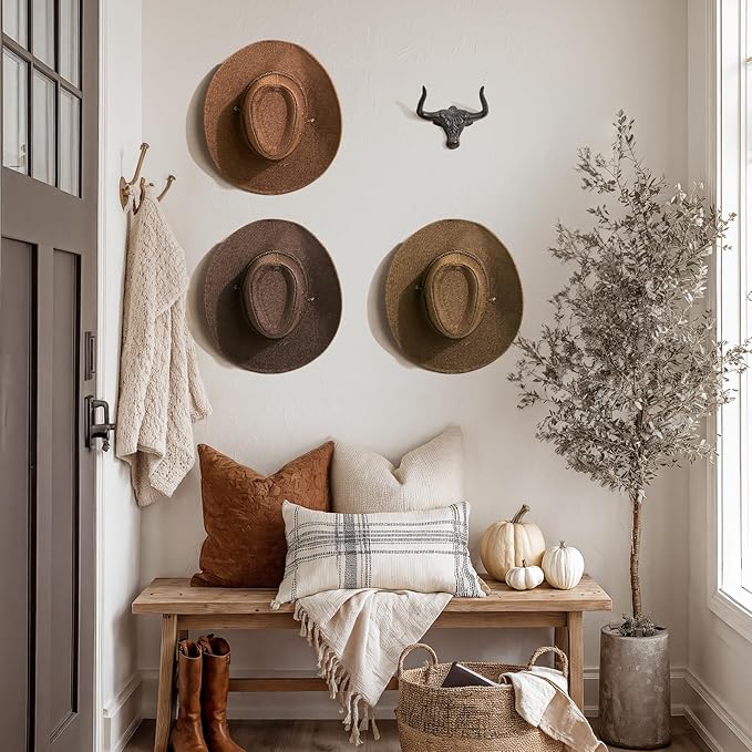 Cowboy Hat Rack for Wall 2 Pack Cowboy Hat Hook Cast Iron Hat Holder Cowgirl Hat Hanger Vintage Western Wall Decor Longhorn Hooks for Hat Storage and Organization Cow Decor Western Gift Rust