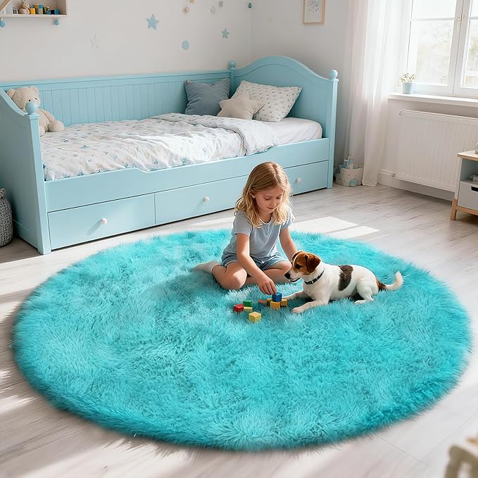 yulidayang Soft Round Area Rug for Kids Bedroom, Fluffy Fuzzy Shaggy Rug 4'X4'for Living Room, Non Slip Circle Plush Rug for Girls Room Nursery Dorm Decor,Light Blue