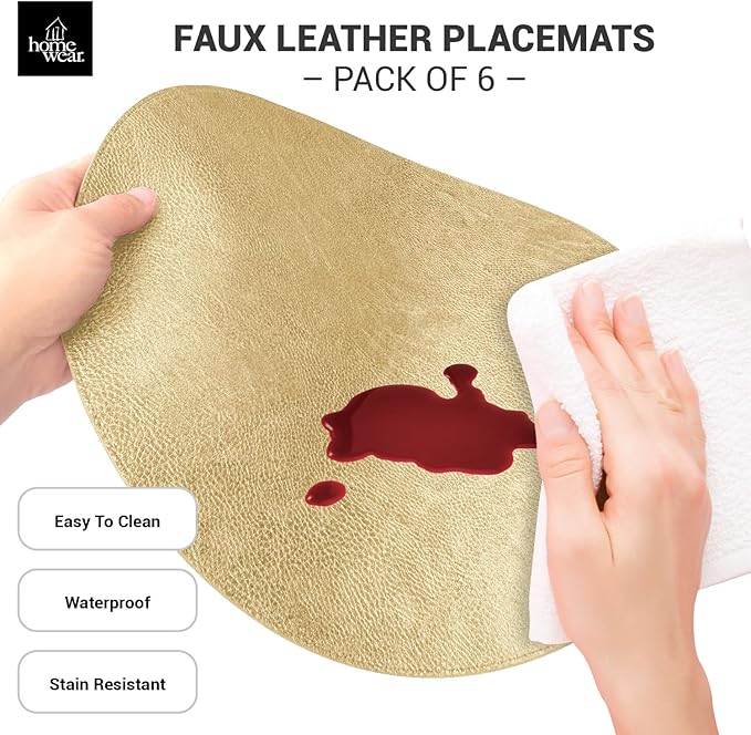 Placemats Set of 6 – Round 15” Faux Leather Table Mats for Dining, Heat Resistant & Non-Slip Washable Table Decor, Indoor, Outdoor, Dining Table Set for 6, Modern Kitchen & Holiday Use, Gold